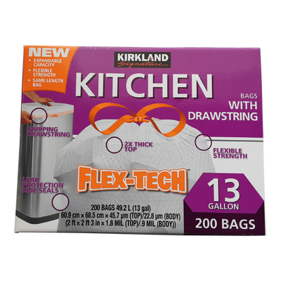 Kirkland Signature Flex-Tech Kitchen Garbage Bags with Drawstring, 200 ct