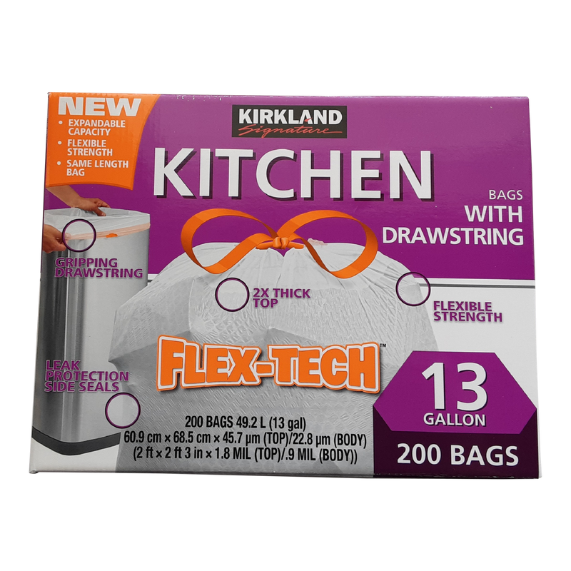 Kirkland Signature Flex-Tech Kitchen Garbage Bags with Drawstring, 200 ct