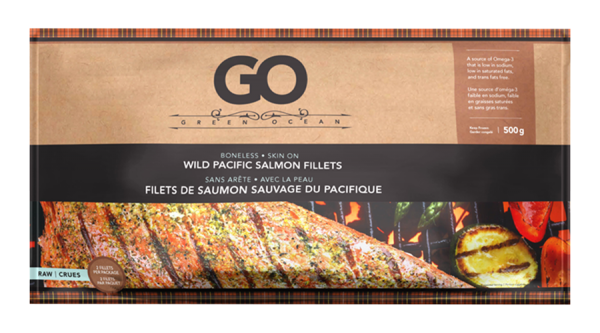 Green Ocean Go Boneless Skin On Wild Pacific Raw Salmon Fillets, 500 g