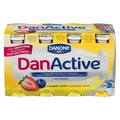 Danone DanActive Strawberry/Blueberry Drinkable Probiotic Yogurt, 8 x 93mL