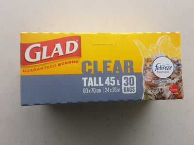 GLAD EASY TIE 45L TALL CLEAR GARBAGE BAGS WITH FEBREZE, 30pk