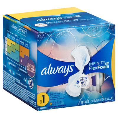 Always Regular Flow With Flexi-Wings Unscented Size 1 Pads, 18 pads