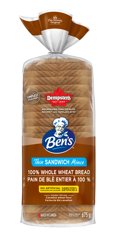 Ben's Xtra 100% Whole Wheat Thin Sandwich Bread, 675 g