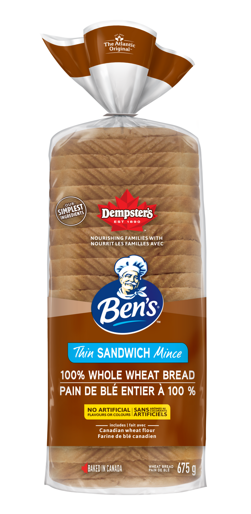 Ben's Xtra 100% Whole Wheat Thin Sandwich Bread, 675 g