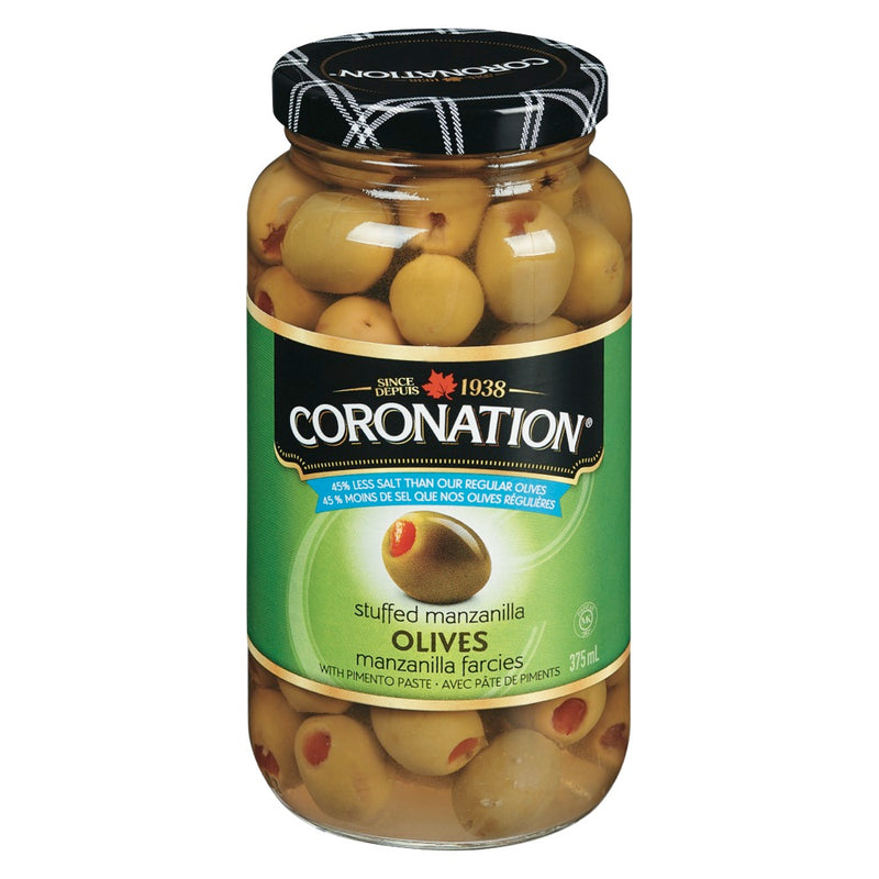 Coronation Stuffed Manzanilla Olives Less Salt, 375 mL