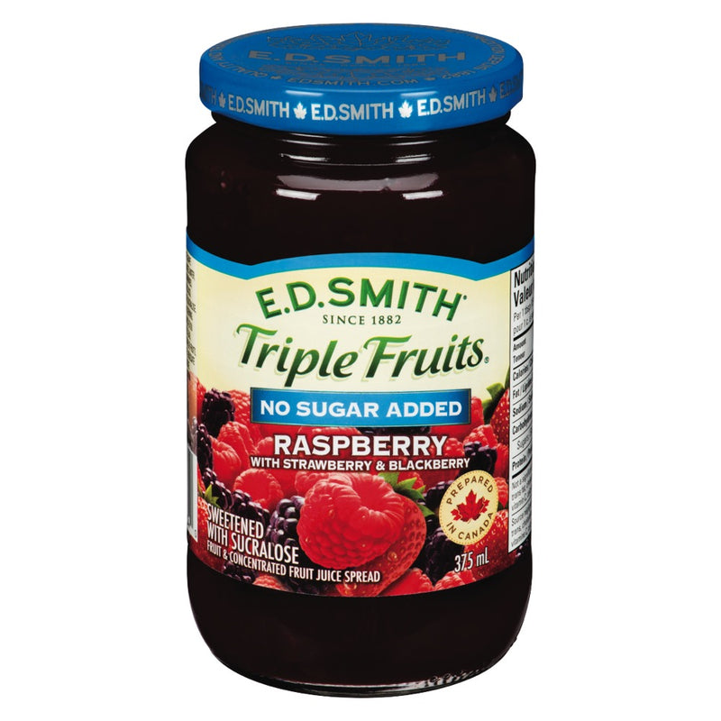 E.D. Smith Triple Fruits No Sugar Added Raspberry with Blackberry & Strawberry Jam, 325 mL