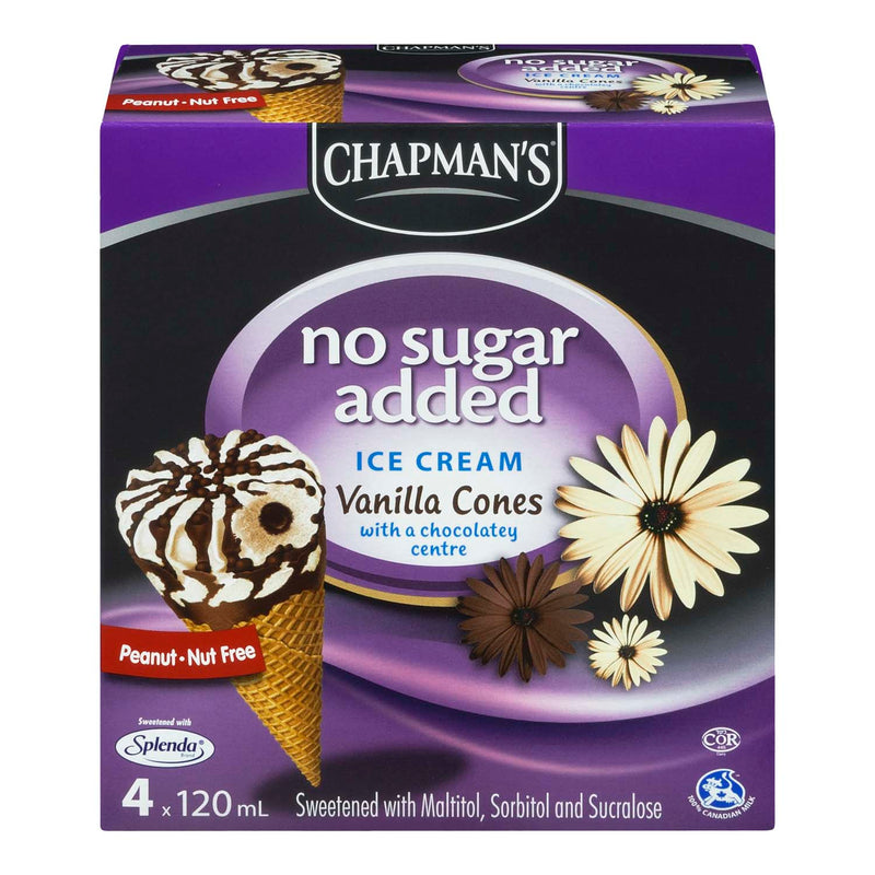 Chapman's No Sugar Added Lactose Free Vanilla Ice Cream Cones, 4 x 120 mL