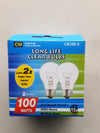 100 WATT LONG LIFE CLEAR LIGHT BULBS, 2PK