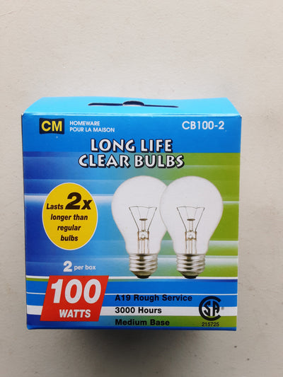 100 WATT LONG LIFE CLEAR LIGHT BULBS, 2PK