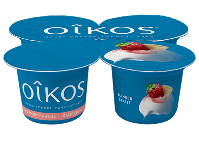 Oikos Strawberry Banana Greek Yogurt, 4 x 100 g