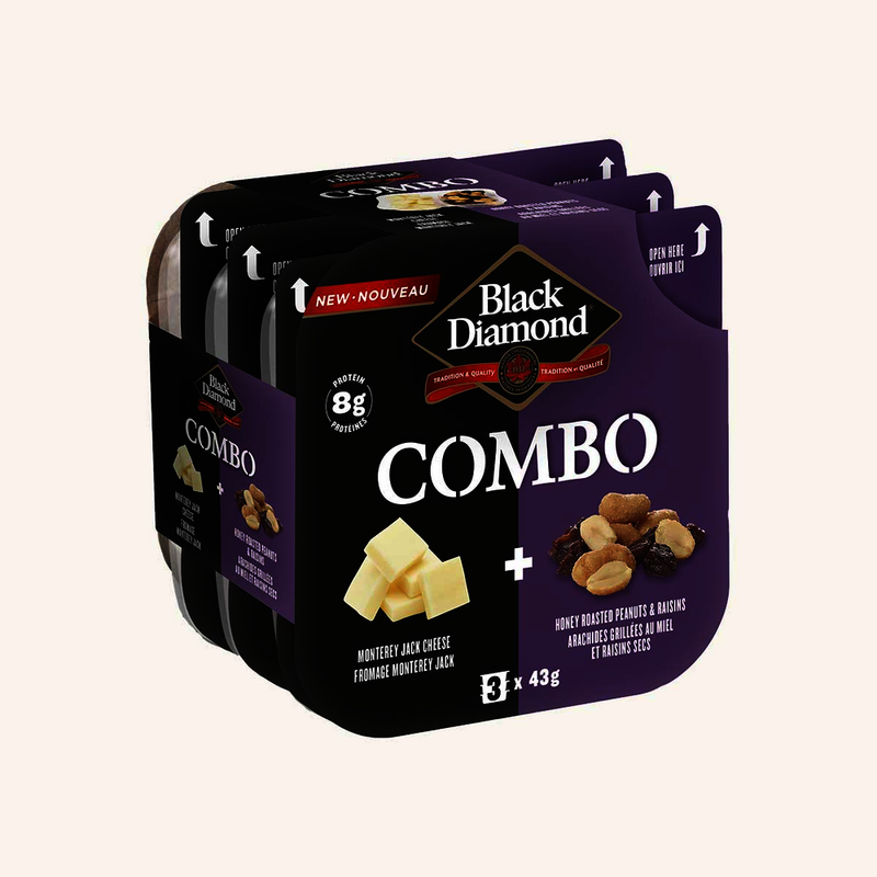 Black Diamond Combo Monterey Jack Cheese and Honey Peanuts with Raisins, 3 x 43 g