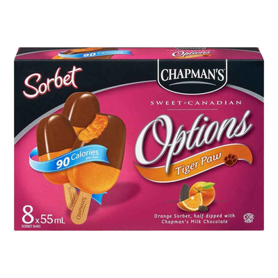 Chapman's Sweet Canadian Options Tiger Paw Orange Sorbet Bars, 8 x 55 mL