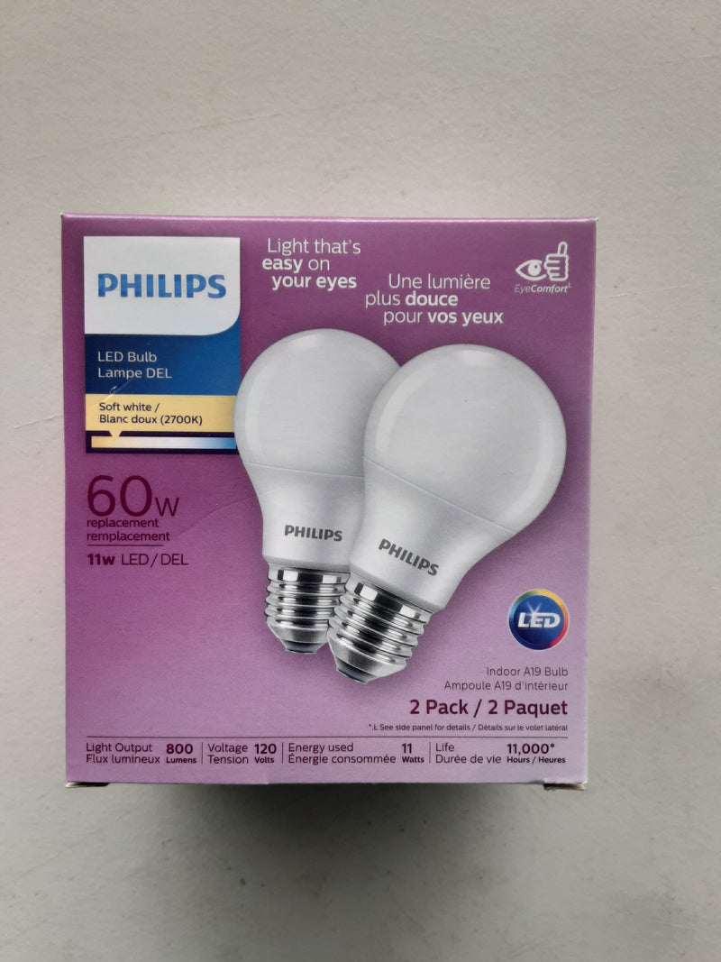 PHILIPS 60 WATT LED SOFT WHITE LIGHT BULBS, 2PK