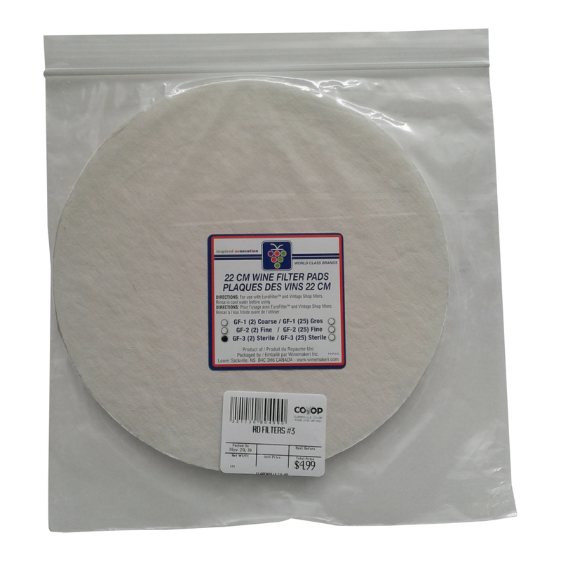 22cm WINE FILTER PADS, GF-3 (2) STERILE