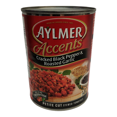Aylmer Cracked Black Pepper & Roasted Garlic Petite Cut Stewed Tomatoes, 540 mL