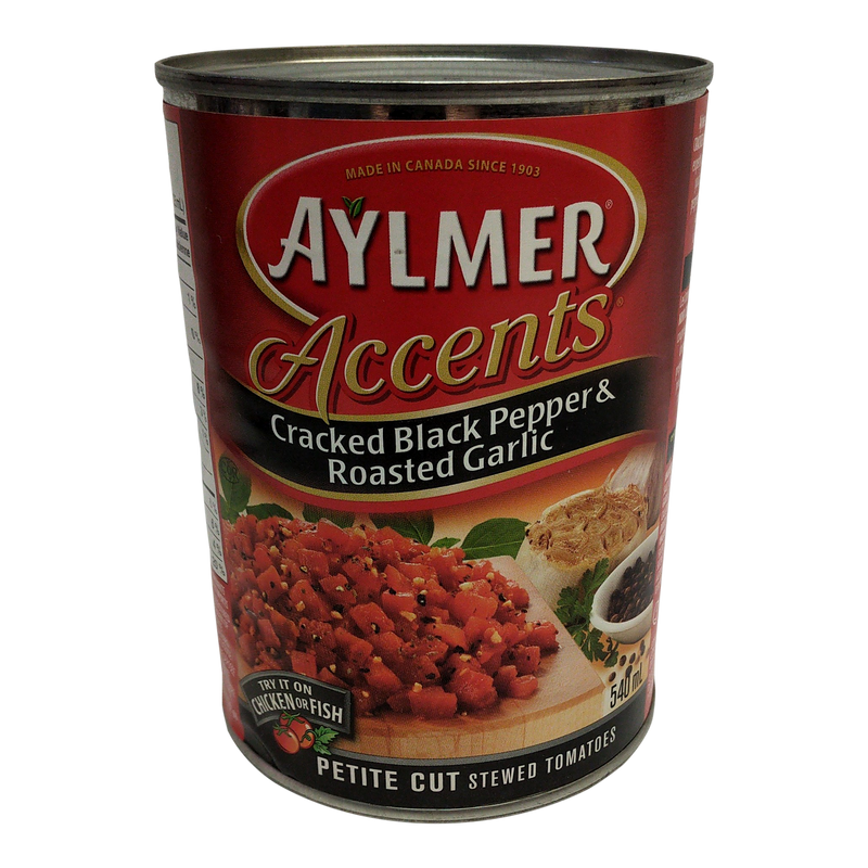 Aylmer Cracked Black Pepper & Roasted Garlic Petite Cut Stewed Tomatoes, 540 mL