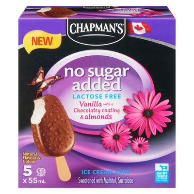 Chapmans No Sugar Added Lactose Free Vanilla Ice Cream Bars With Chocolate & Almonds, 5 x 55 mL