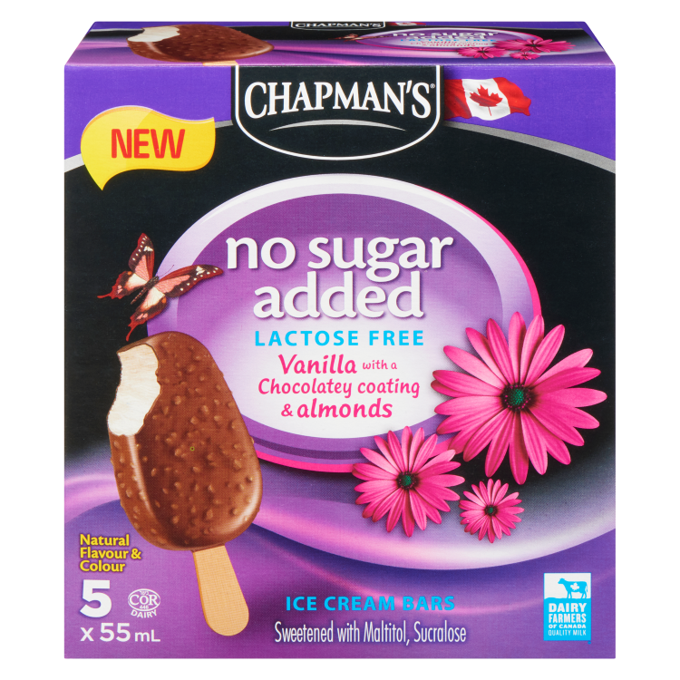 Chapmans No Sugar Added Lactose Free Vanilla Ice Cream Bars With Chocolate & Almonds, 5 x 55 mL