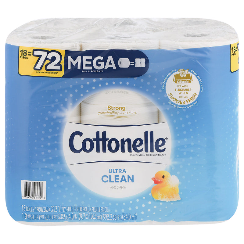 Cottonelle Ultra Clean Mega Rolls 1-Ply Toilet Paper, 18 rolls