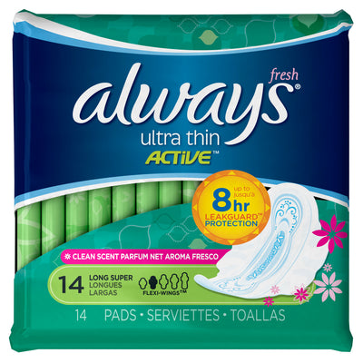 Always Ultra Thin Long/Super Pads Clean Scent with Wings, 14 count