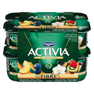 Danone Activia Fibre Probiotic Yogurt Peach/Blueberry/Vanilla/Strawberry Kiwi, 12 x 100g