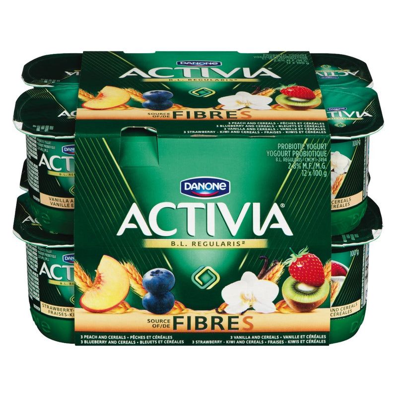 Danone Activia Fibre Probiotic Yogurt Peach/Blueberry/Vanilla/Strawberry Kiwi, 12 x 100g
