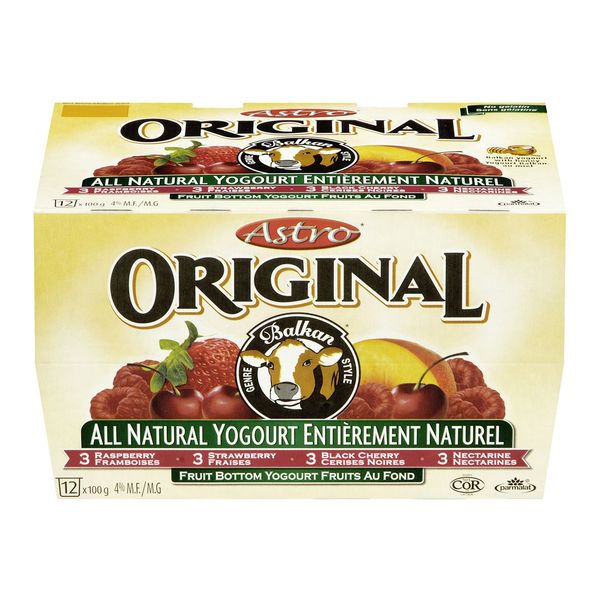 Astro Original All Natural Yogurt Raspberry,/Strawberry/Black Cherry/Nectarine, 12 x 100g