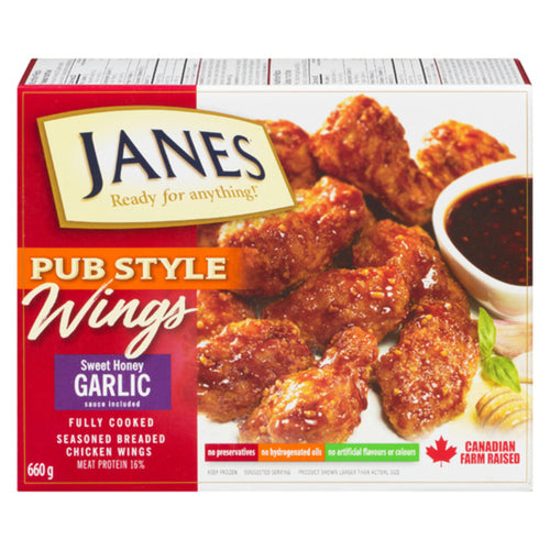 Janes Frozen Fully Cooked Pub Style Sweet Honey Seasoned Breaded Chicken Wings, 660 g