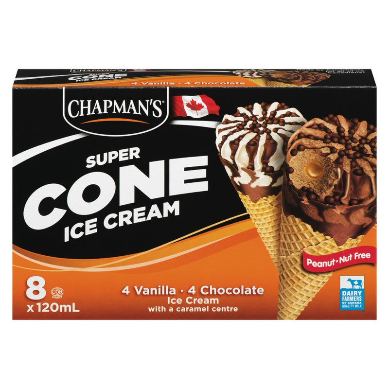 Chapman's Super Cones Vanilla & Chocolate With Caramel Centre, 8 x 120 mL