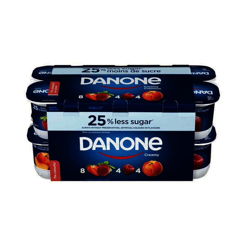 Danone Creamy 25% Less Sugar Strawberry/Raspberry/ Peach Yogurt, 16 x  100 g