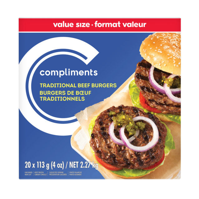 Compliments Traditional Beef Burgers 20 ct, 113 g