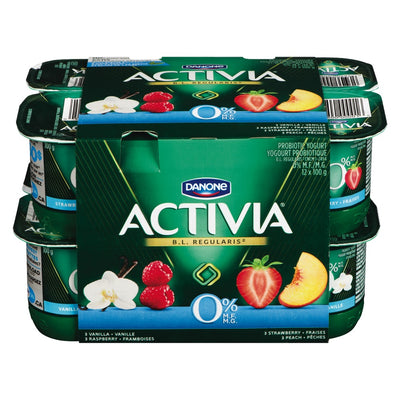 Danone Activia 0% Probiotic Yogurt Vanilla/Raspberry/Strawberry/Peach, 12 x 100g