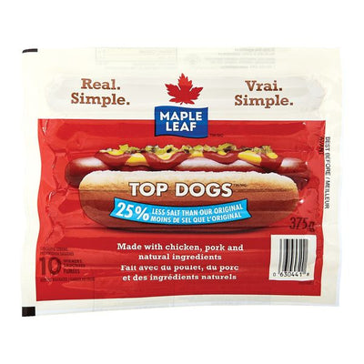 Maple Leaf Top Dogs 25% Less Salt Wieners, 375g