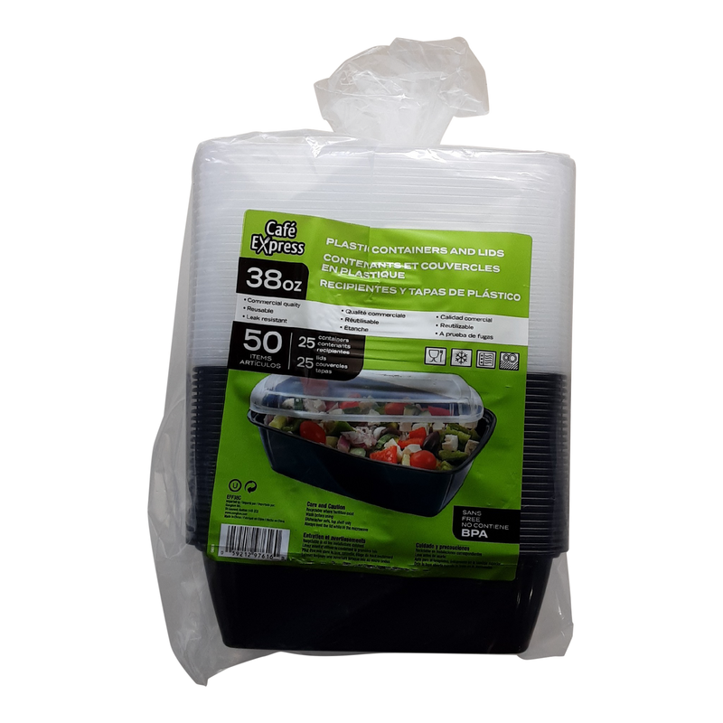 Cafe Express 38 oz Plastic Containers with Lids, 25 ct