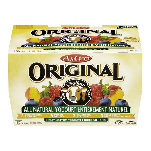 Astro Original Yogurt Variety Pack Strawberry/Peach/Blueberry/Fieldberry, 12 x 100g