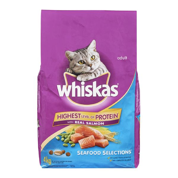 Whiskas Highest Level of Protein with Real Salmon Seafood Selections Adult Cat Food, 4 kg