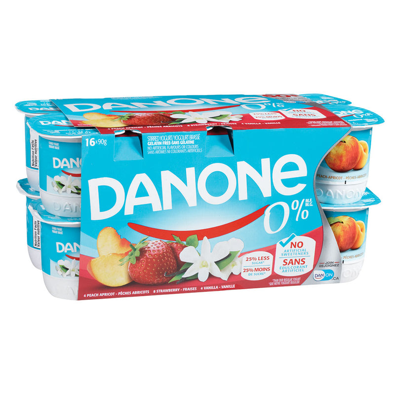 Danone stirred yogurt 0% Peach/Strawberry/Vanilla, 16 count