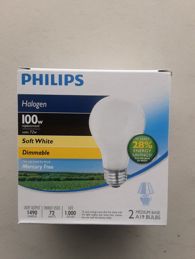 PHILIPS 100 WATT SOFT WHITE LIGHT BULBS, 2PK