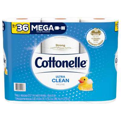 Cottonelle Ultra Clean Mega Rolls 1-Ply Toilet Paper, 9 rolls