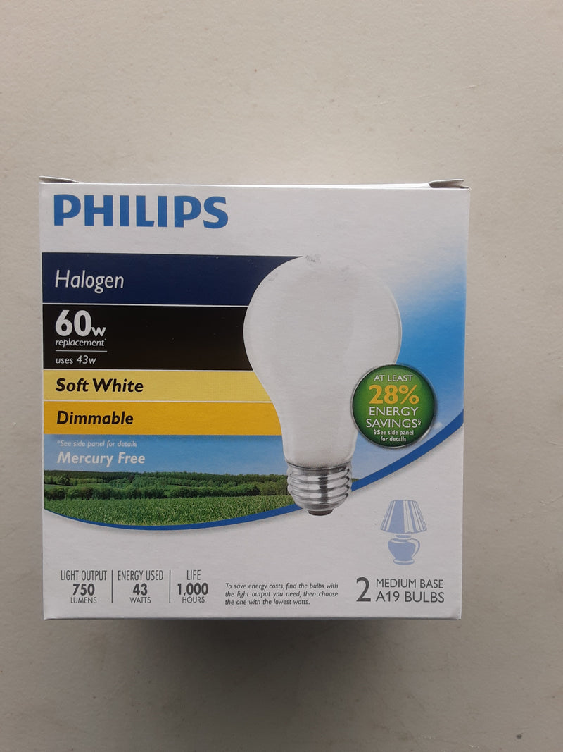 PHILIPS 60 WATT SOFT WHITE LIGHT BULBS, 2PK